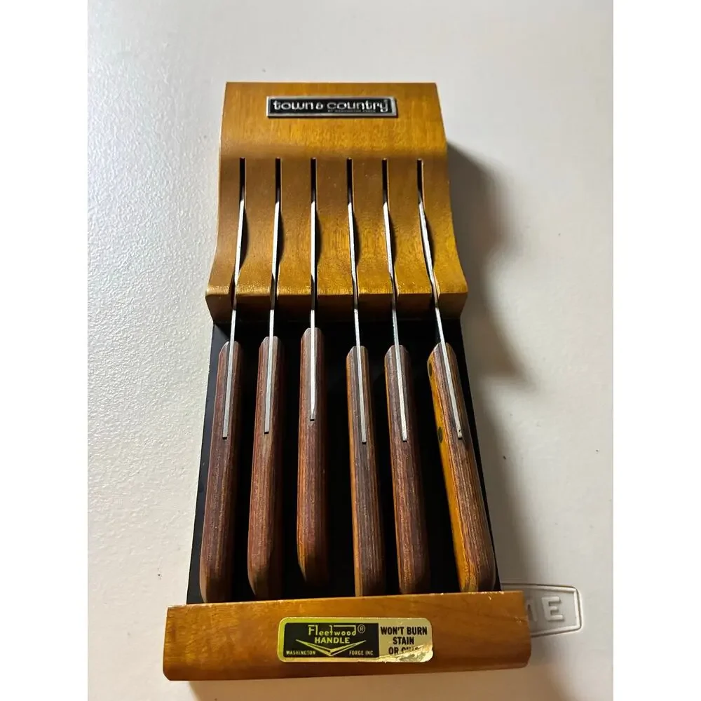 Vintage Town & Country Washington Forge 6 Steak Knives Wood Wall Rack Set USA